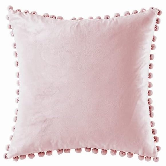 Set of 2 Petal Pink Soft Velvety Velour Pom Pom Blush Pillow Covers Pillows New - Picture 4 of 10